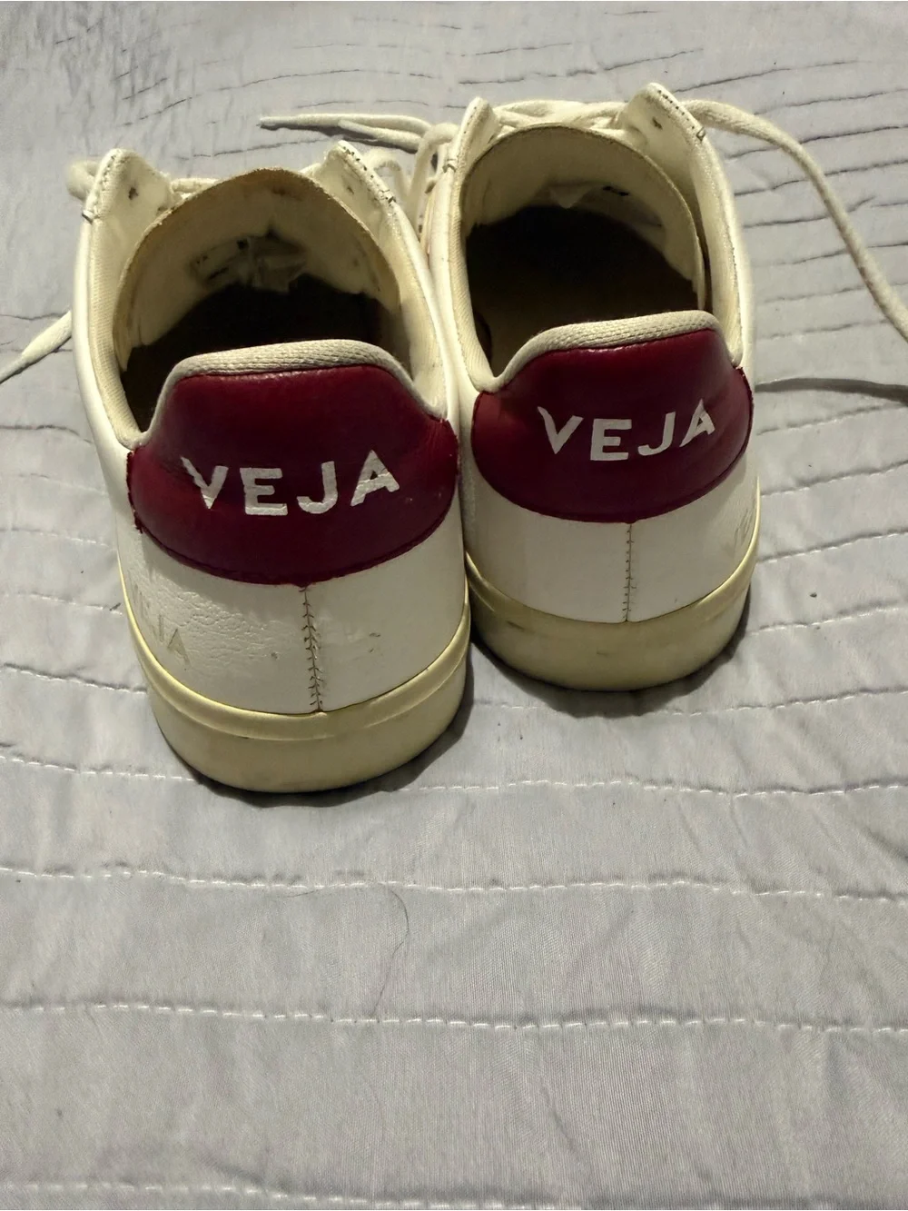 Veja Women’s Low-Top Sneakers in Cream with Pink V and Red Heel